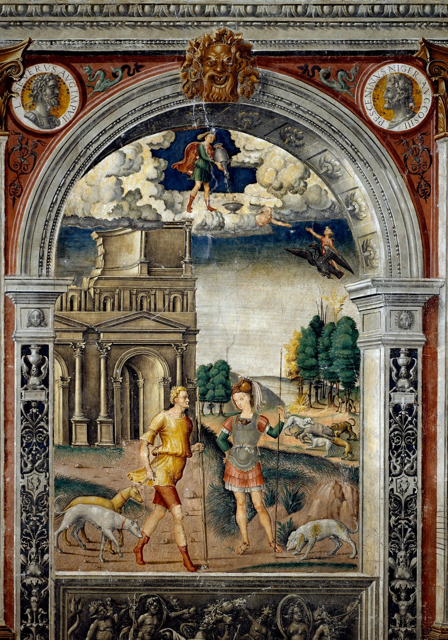 Signo del Zodiaco: Acuario. En la parte superior medallones con retratos de los emperadores Septimio Severo y Pescenio Níger, su rival. Abajo, leyenda asociada con el nacimiento de la constelación correspondiente al signo: la divinidad Diana con un cazador de Giovanni Maria Falconetto