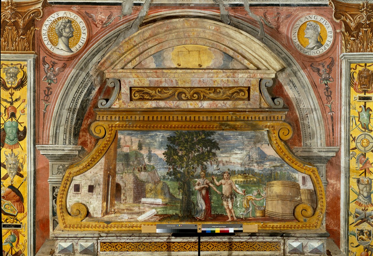 Signo del Zodiaco: “La Balanza” Medallones superiores con retratos de los emperadores Adriano y Antonino Pío. La pintura original se ha deteriorado. Escena que representa al dios Baco. Fresco atribuido a Giovanni Maria Falconetto (1468-1534) alrededor de 1 de Giovanni Maria Falconetto