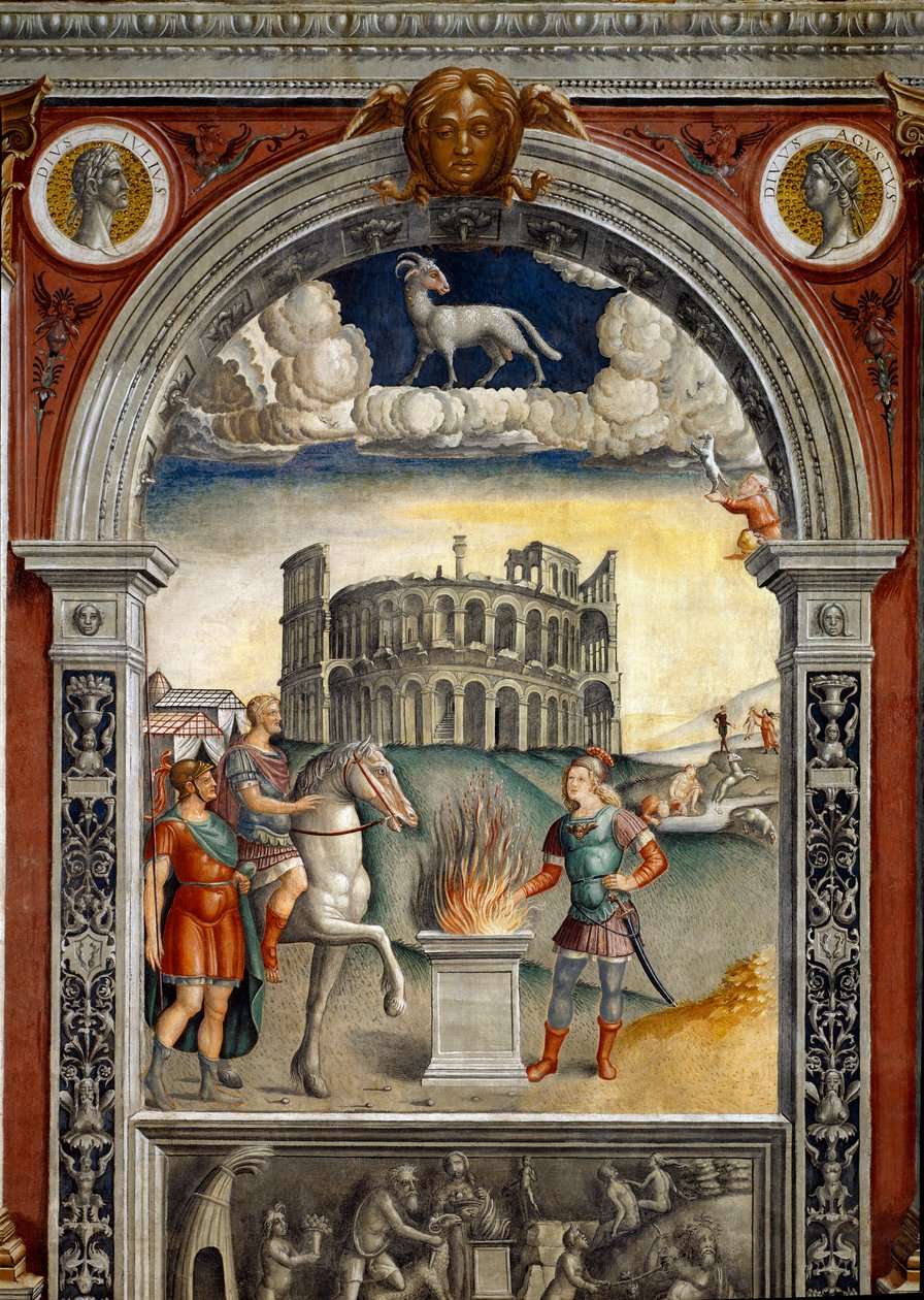 Signo del zodiaco: El carnero. Medallones superiores con retratos de Julio César y Augusto. Abajo, leyenda asociada con el nacimiento de la constelación correspondiente al signo: Cayo Mucio Escévola, introducido en el campamento enemigo de los etruscos. de Giovanni Maria Falconetto
