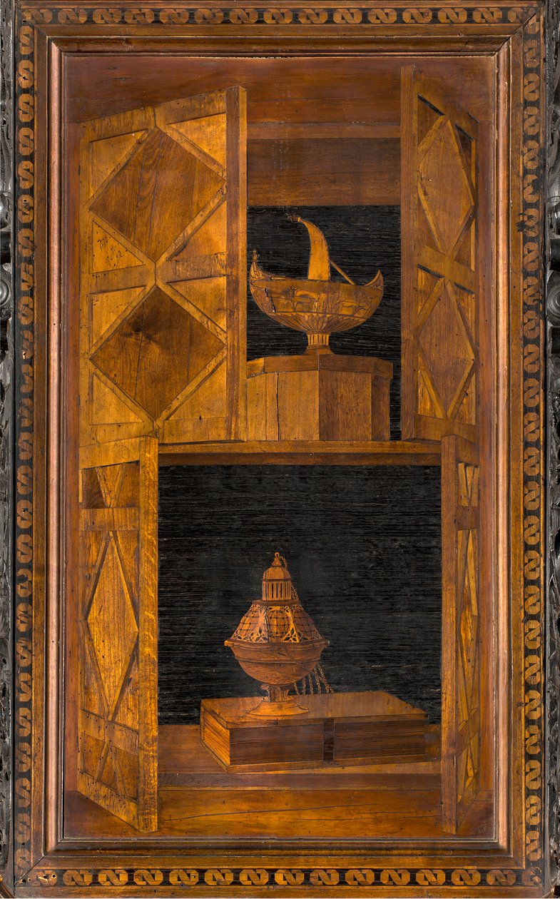Coro canónico de madera, taraceado por Giovanni Maria Platina 1484, Sitial superior de Giovanni Maria Platina