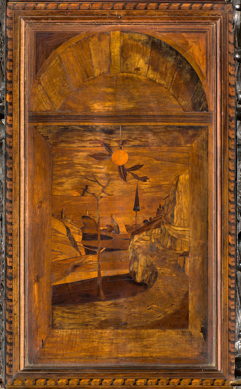 Coro canónico de madera, taraceado por Giovanni Maria Platina 1484, Sitial superior de Giovanni Maria Platina
