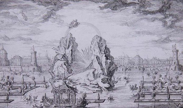Fuegos artificiales para celebrar el nacimiento del Delfín (hijo de Luis XV), grabado por Jean Dumont, 1730 de Giovanni Niccolo (after) Servandoni