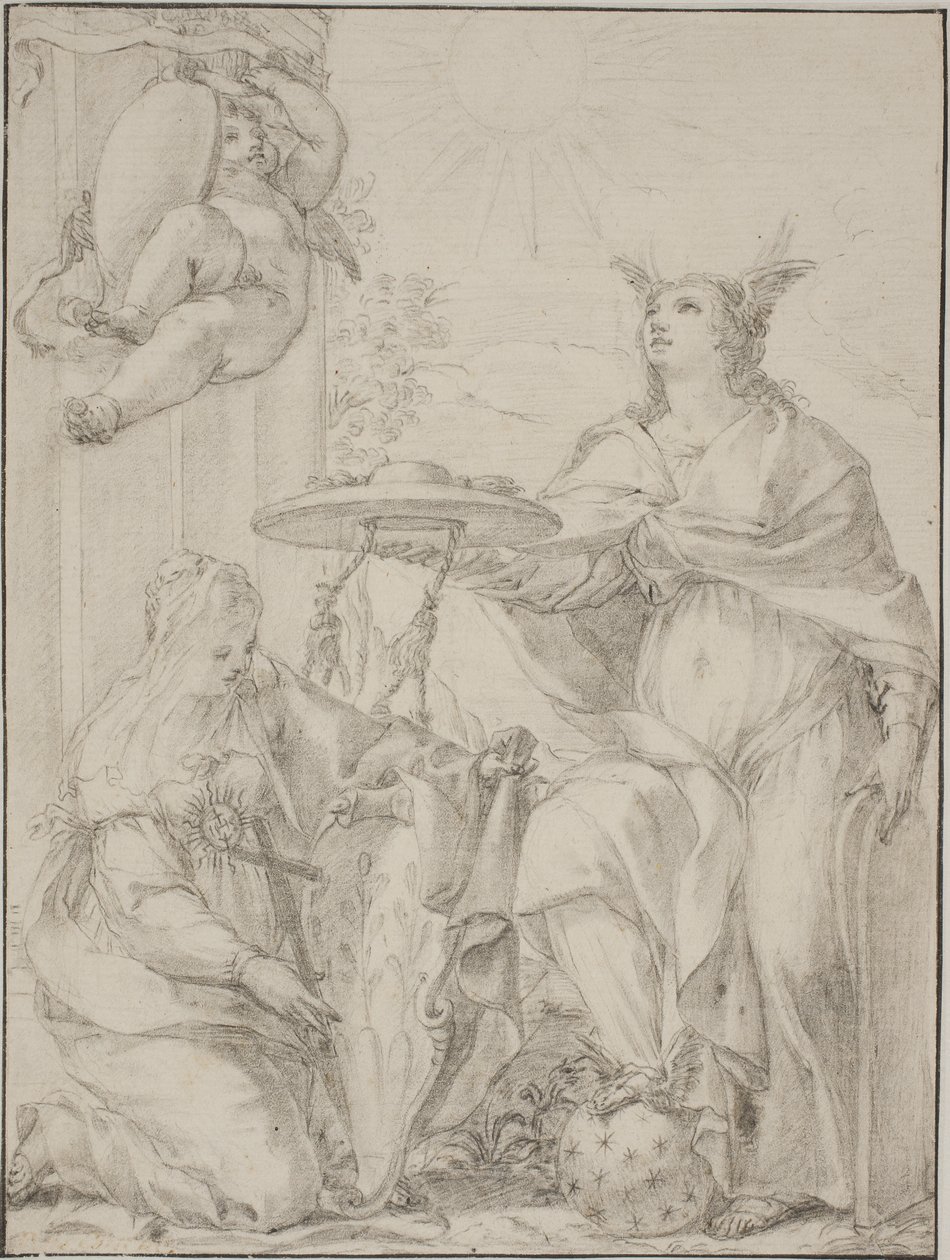 Alegoría con dos figuras femeninas, una representando la Fe sosteniendo un escudo de armas de Giovanni Odazzi