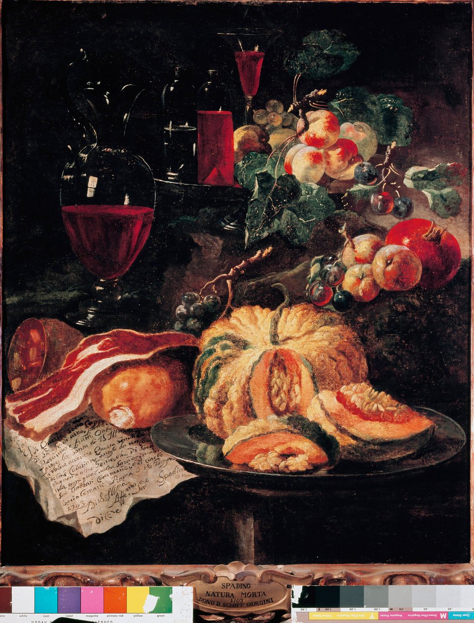 Bodegón Calabaza, tocino, jamón, melocotones y vino. Pintura de Giovan Paolo Castelli dit Lo Spadino (1659-1730) 1703 Roma, Museo de los Conservadores Capitales de Giovanni Paolo Castelli