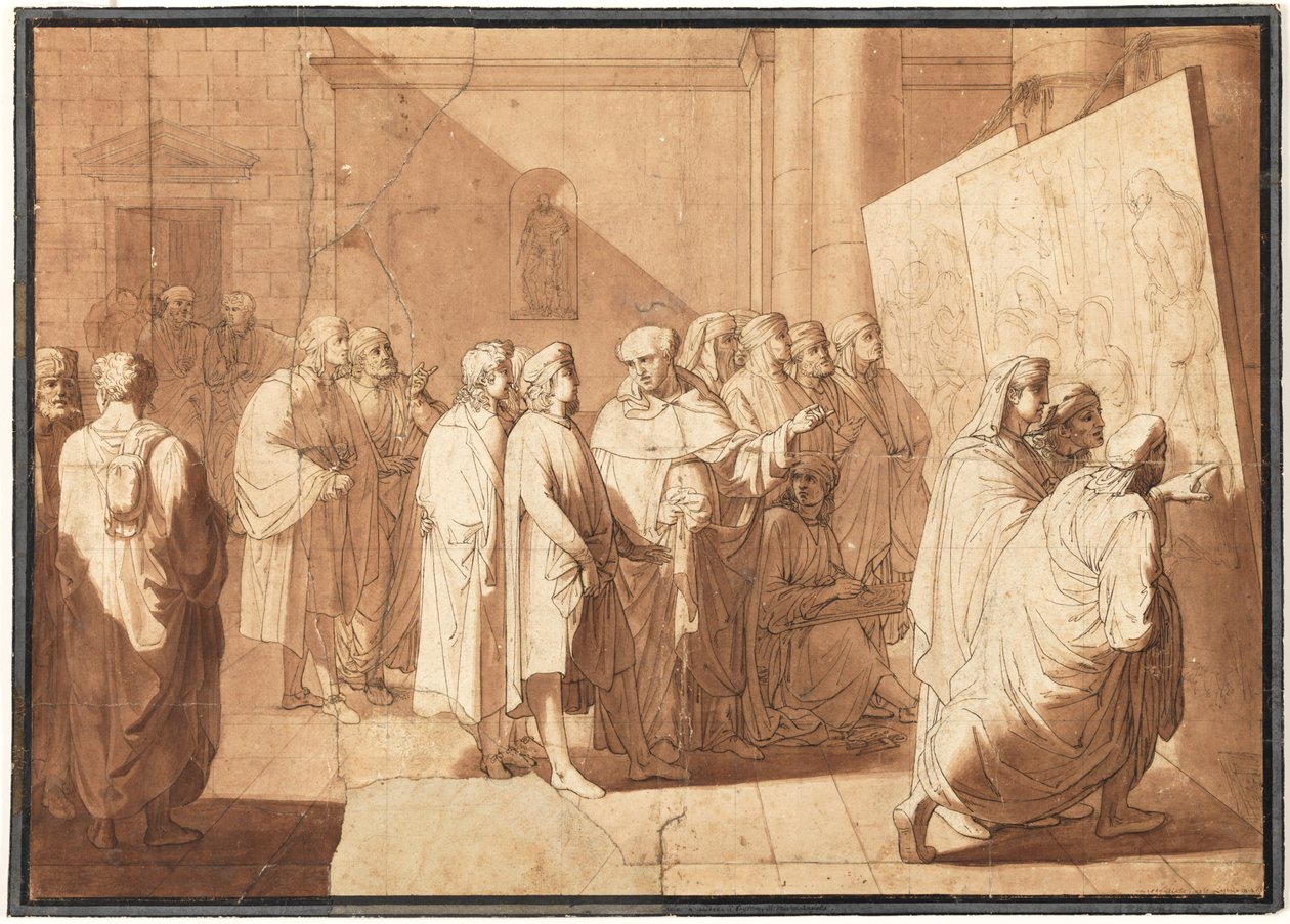Fra Bartolommeo muestra a Rafael los cartones de Leonardo y Miguel Ángel de Giovanni Paolo Lasinio