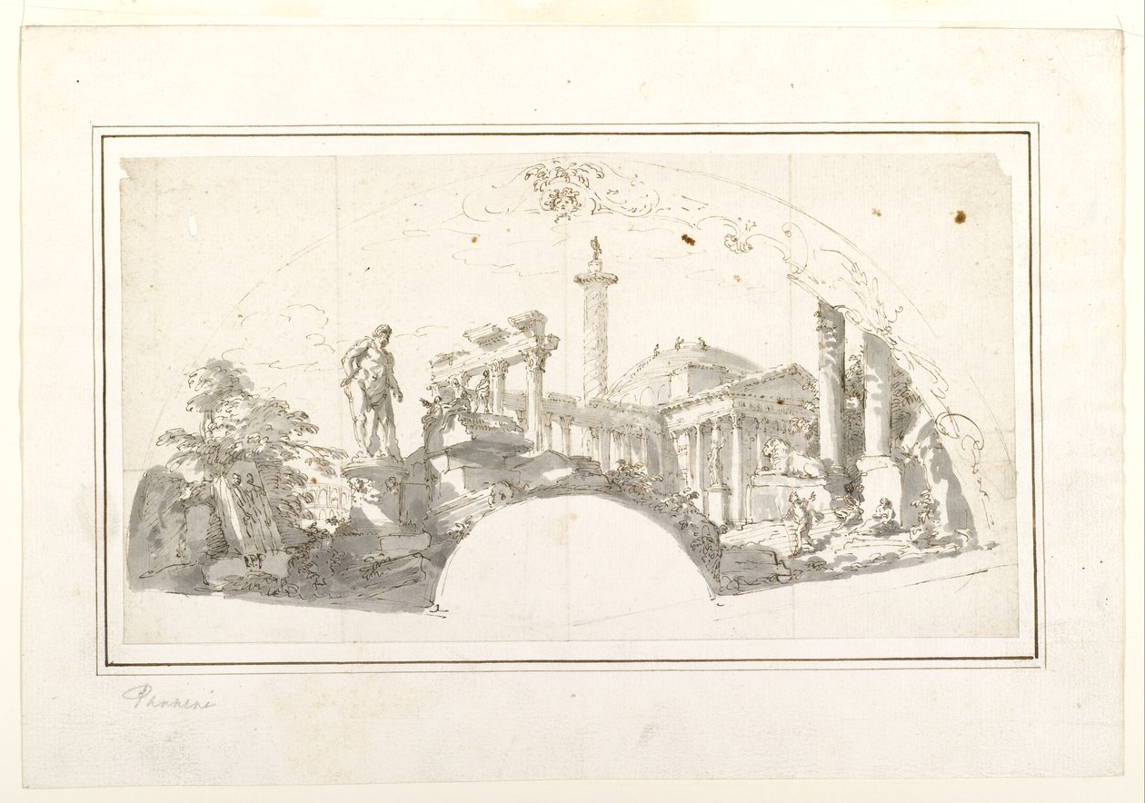 Diseño para un abanico: Capriccio con ruinas romanas y el Hércules Farnesio de Giovanni Paolo Panini
