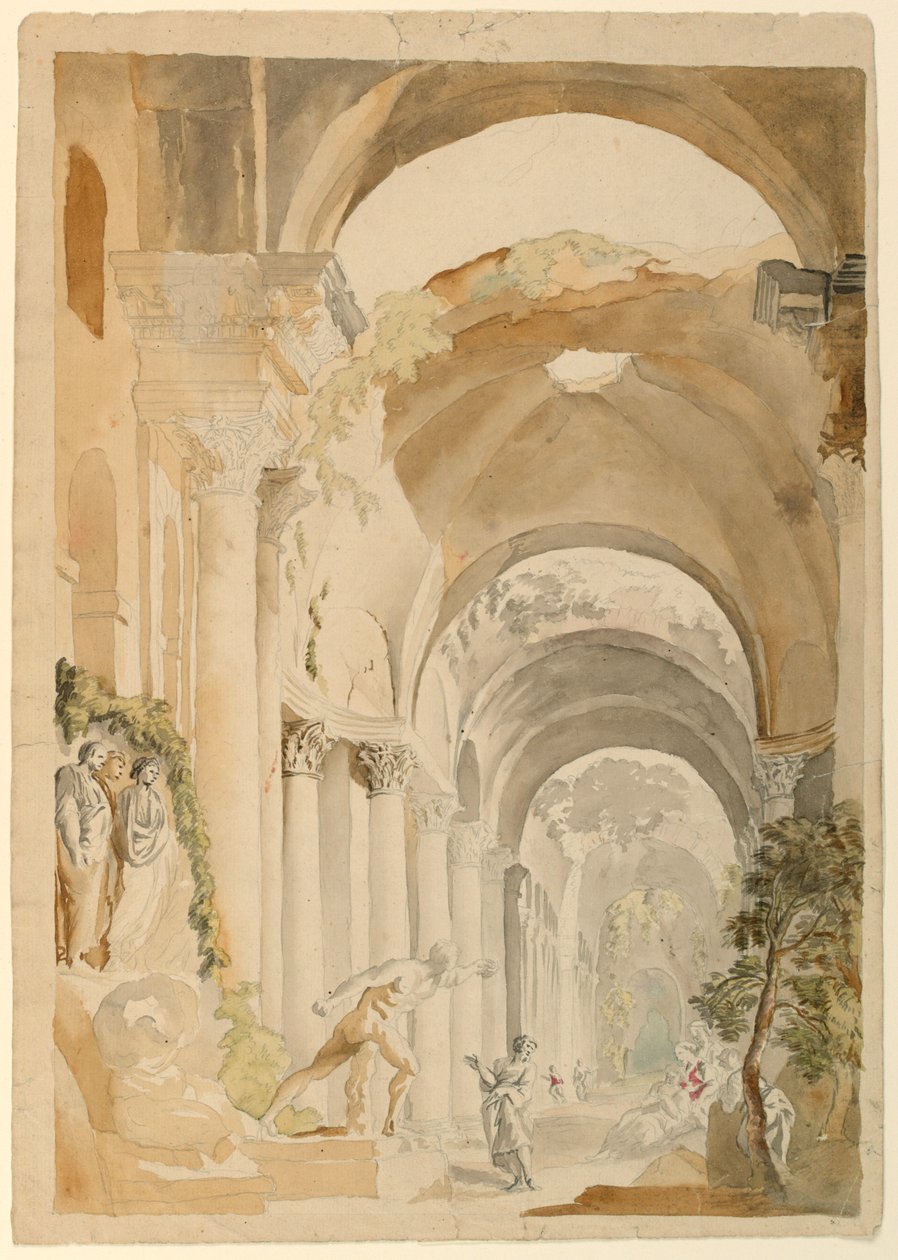 Dibujo, Ruinas romanas con figuras, hacia 1745 de Giovanni Paolo Panini