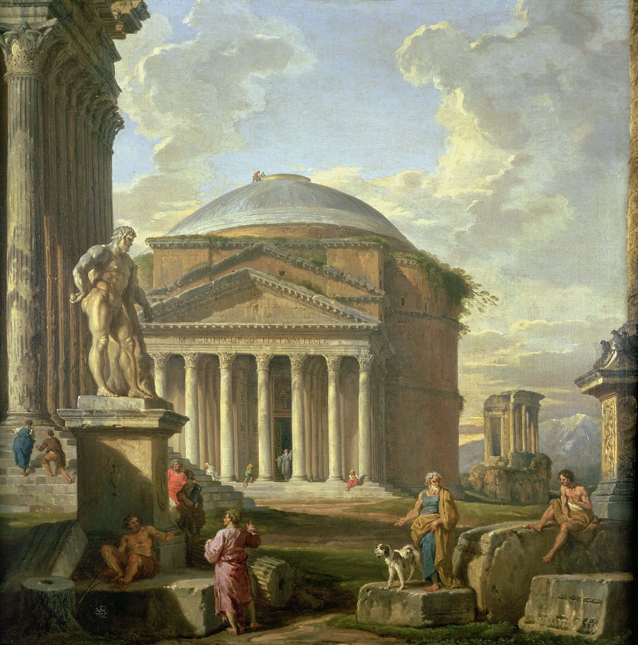 Vista del Panteón, el Hércules Farnesio y otras ruinas romanas de Giovanni Paolo Pannini
