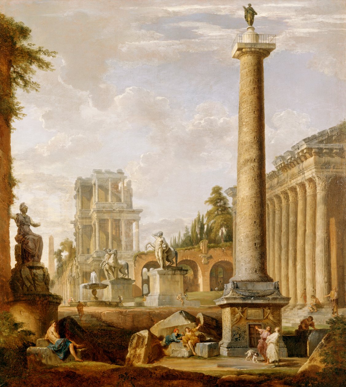 Capriccio de ruinas romanas con la Columna de Trajano (óleo sobre lienzo) de Giovanni Paolo Pannini