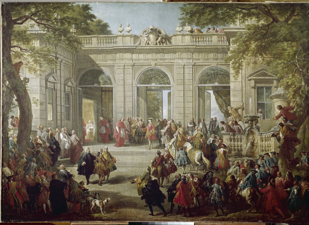 Carlos III de España o Carlos de Borbón, Rey de Nápoles visita al Papa Benedicto XIV en la Casa de Café del Palacio del Quirinal de Giovanni Paolo Pannini