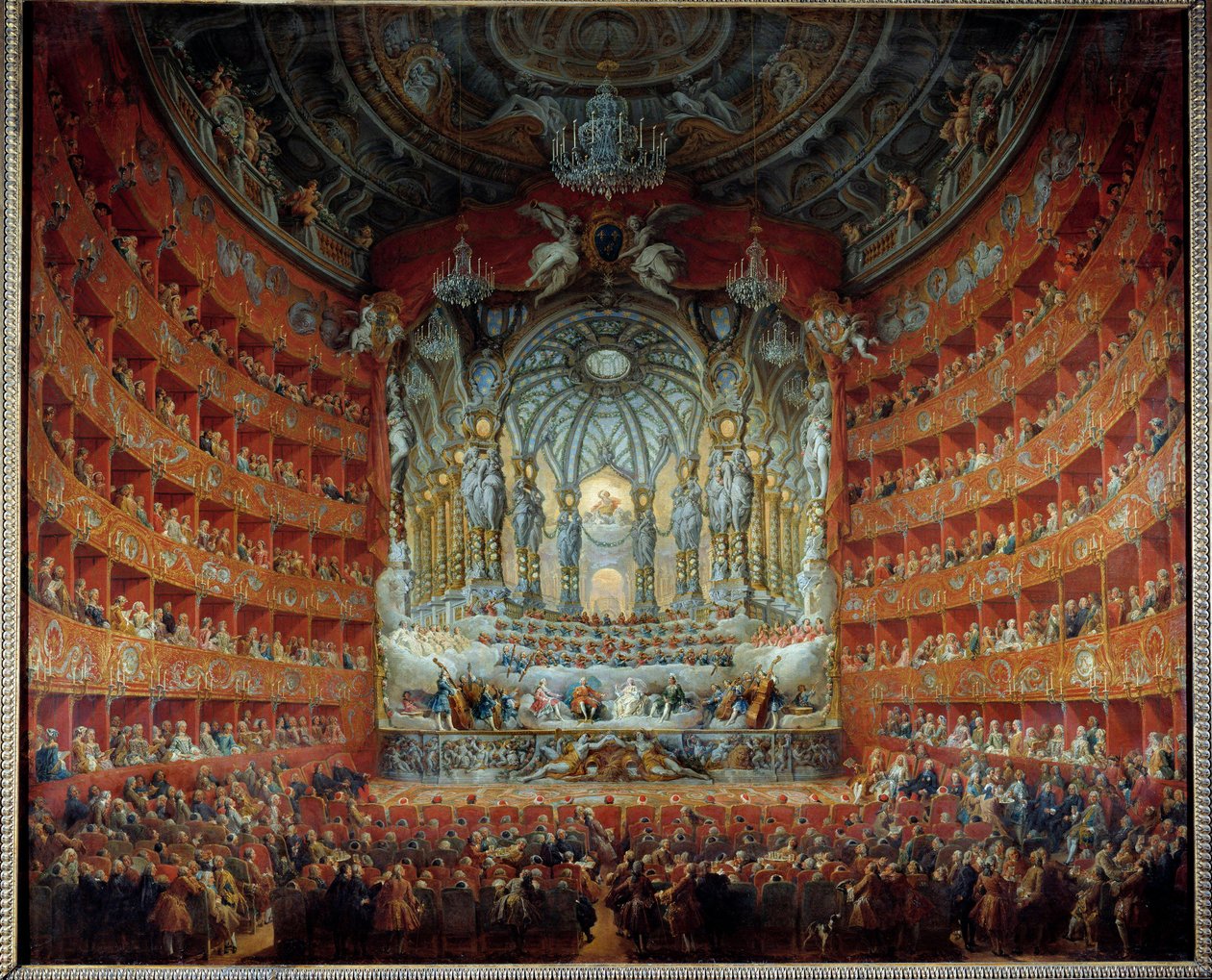 Concierto en el teatro Argentina en Roma el 15 de julio de 1747 con motivo del matrimonio del delfín Luis de Francia (1729-1765) con María Josefa de Sajonia de Giovanni Paolo Pannini