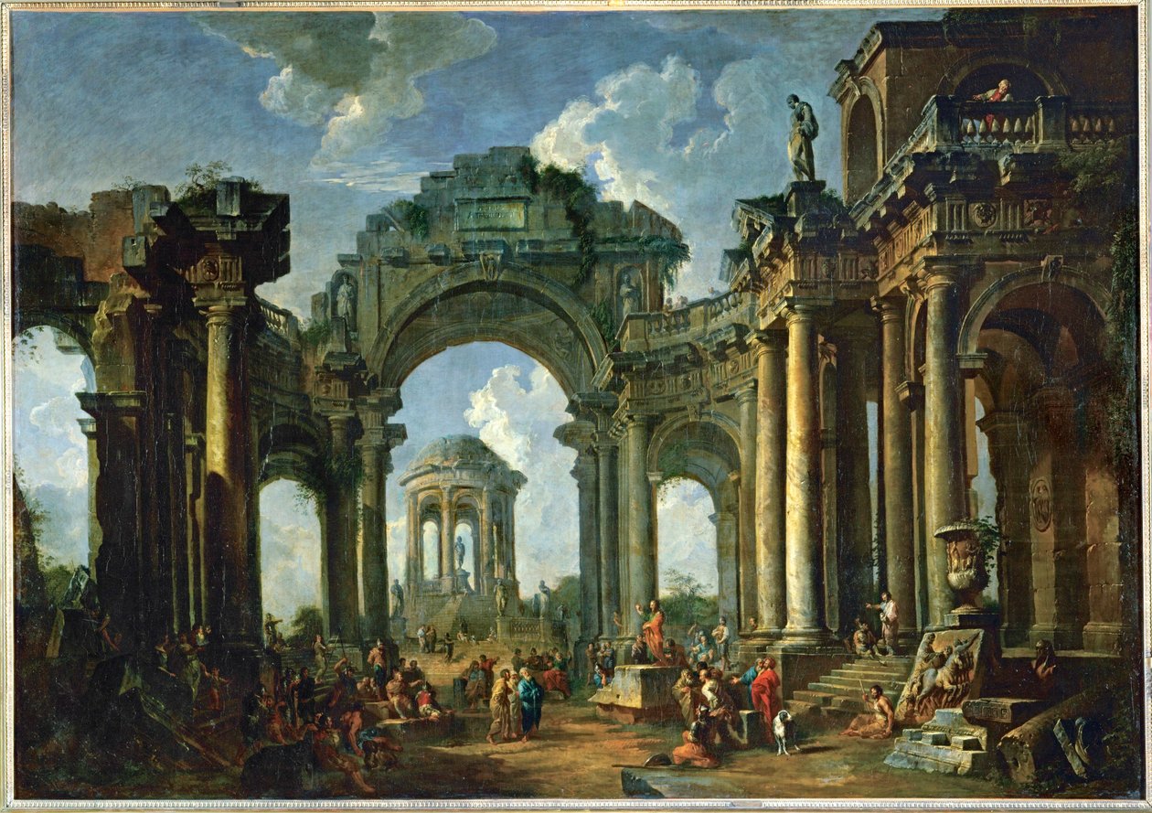 La predicación de un apóstol en las ruinas de la antigua arquitectura dórica ... de Giovanni Paolo Pannini or Panini