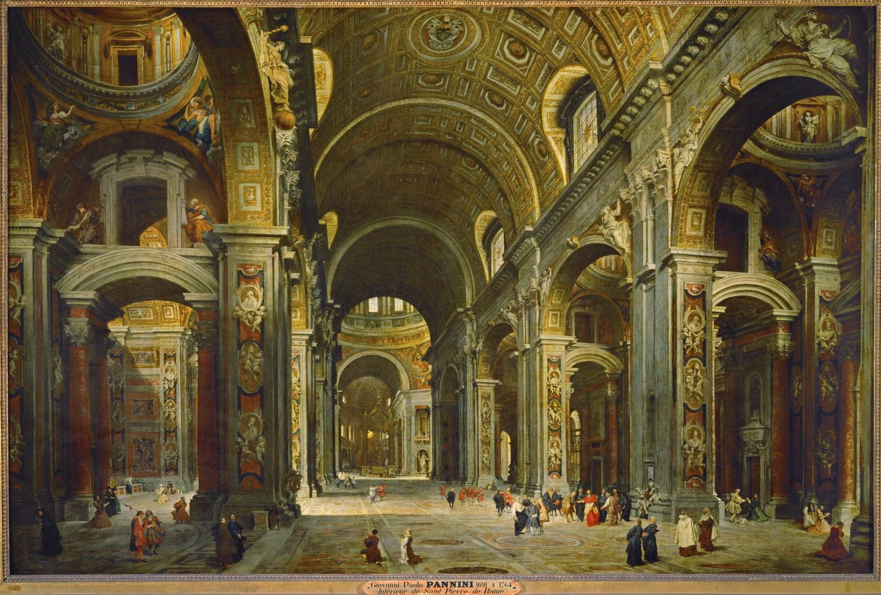 El cardenal Melchior de Polignac visitando San Pedro en Roma ... de Giovanni Paolo Pannini or Panini