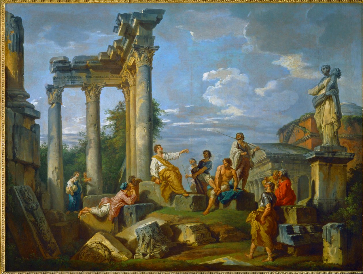 Depredador en medio de las ruinas de Roma enriquecido con figuras, con el Panteón y la estatua de Flora ... (pintura sobre lienzo) de Giovanni Paolo Pannini or Panini