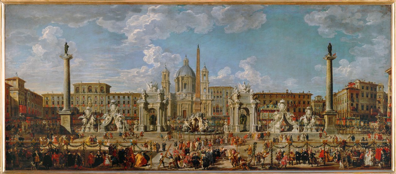 Preparativos para los fuegos artificiales y la decoración de las fiestas en la Piazza Navona de Roma el 30 de noviembre ... de Giovanni Paolo Pannini or Panini