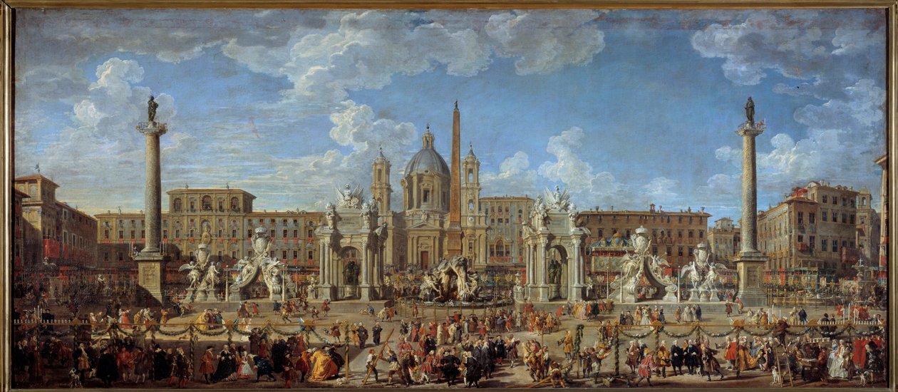 Preparativos para los fuegos artificiales y decoraciones de la fiesta del 30 de noviembre de Giovanni Paolo Pannini
