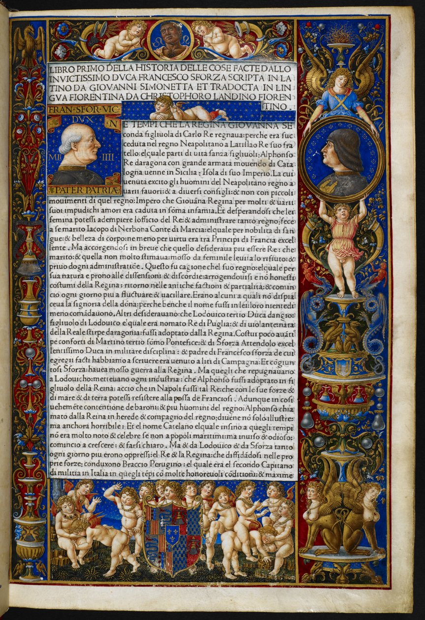 Frontispicio, de Giovanni Simonetta, Historia de las cosas hechas por el duque invictissimo Francesco Sforza [llamado Sforziade], Milán, Antonio Zarotto de Giovanni Pietro Birago