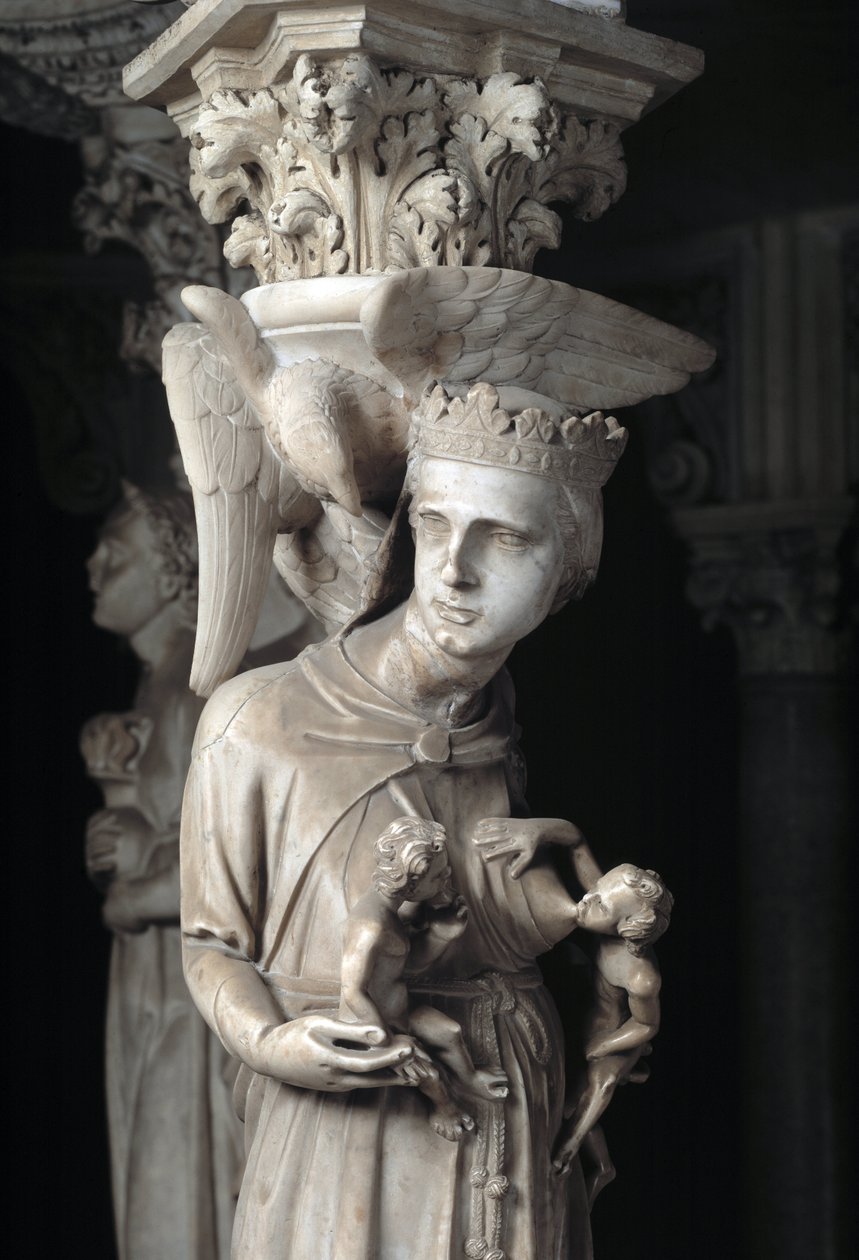 Detalle de los grupos esculpidos que sostienen la silla realizados por Giovanni Pisano (1248-1314): la Iglesia alimenta a sus hijos (detalle) de Giovanni Pisano