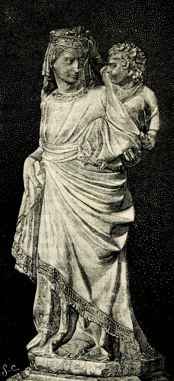 Virgen con el Niño, estatua de Giovanni Pisano (hacia 1240-hacia 1320), catedral de Prato, Toscana, Italia, xilografía de Le cento citta d