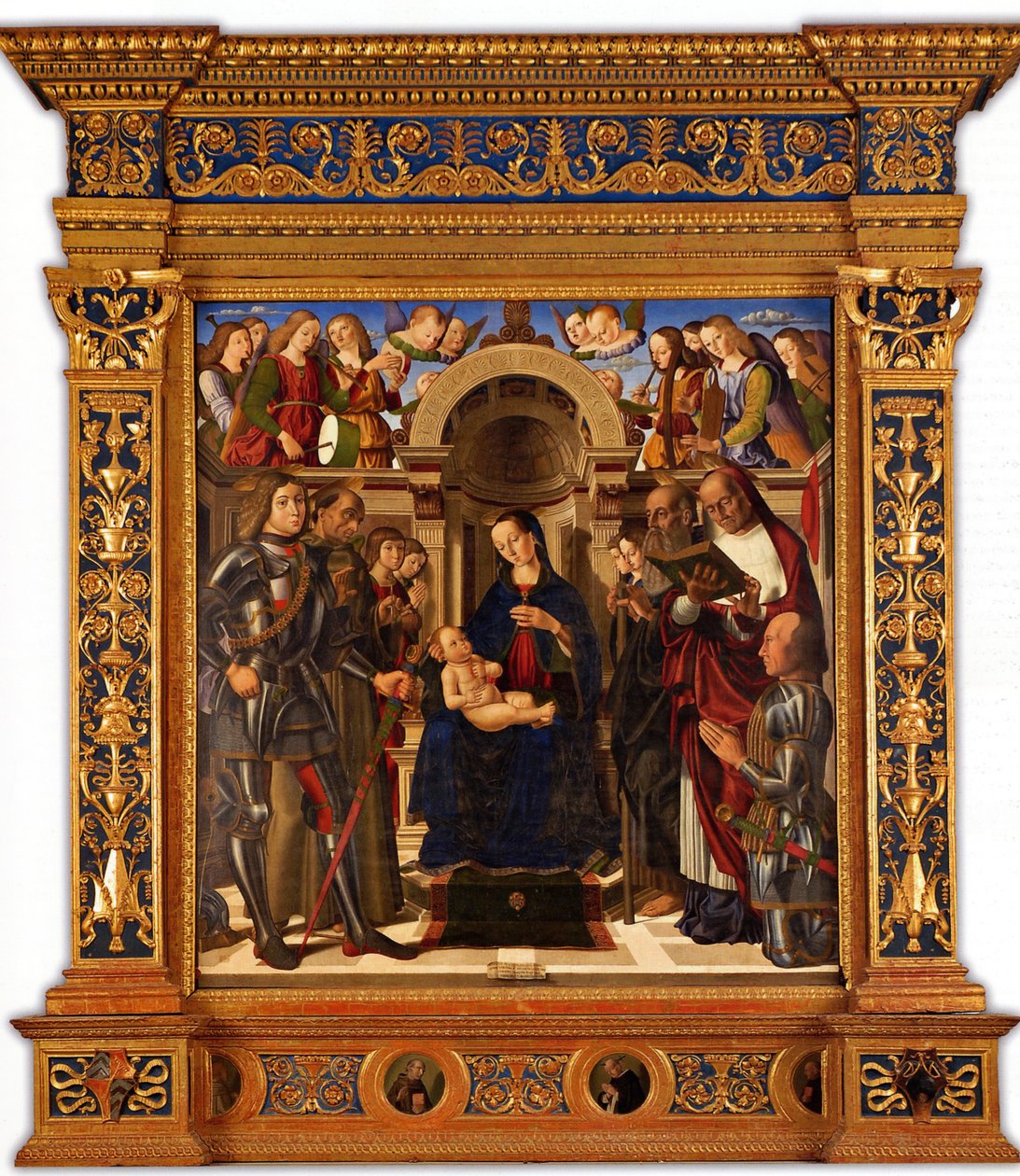 Pala Oliva. La Virgen y el Niño entronizados entre San Jorge, San Francisco de Asís, 1489 de Giovanni Santi