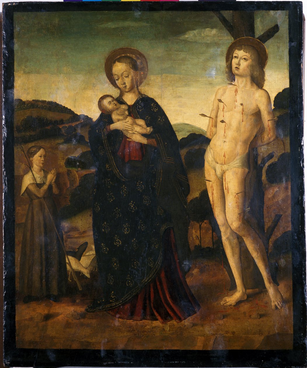 Madonna y el Niño con San Sebastián y una pastora de Giovanni Santi or Sanzio