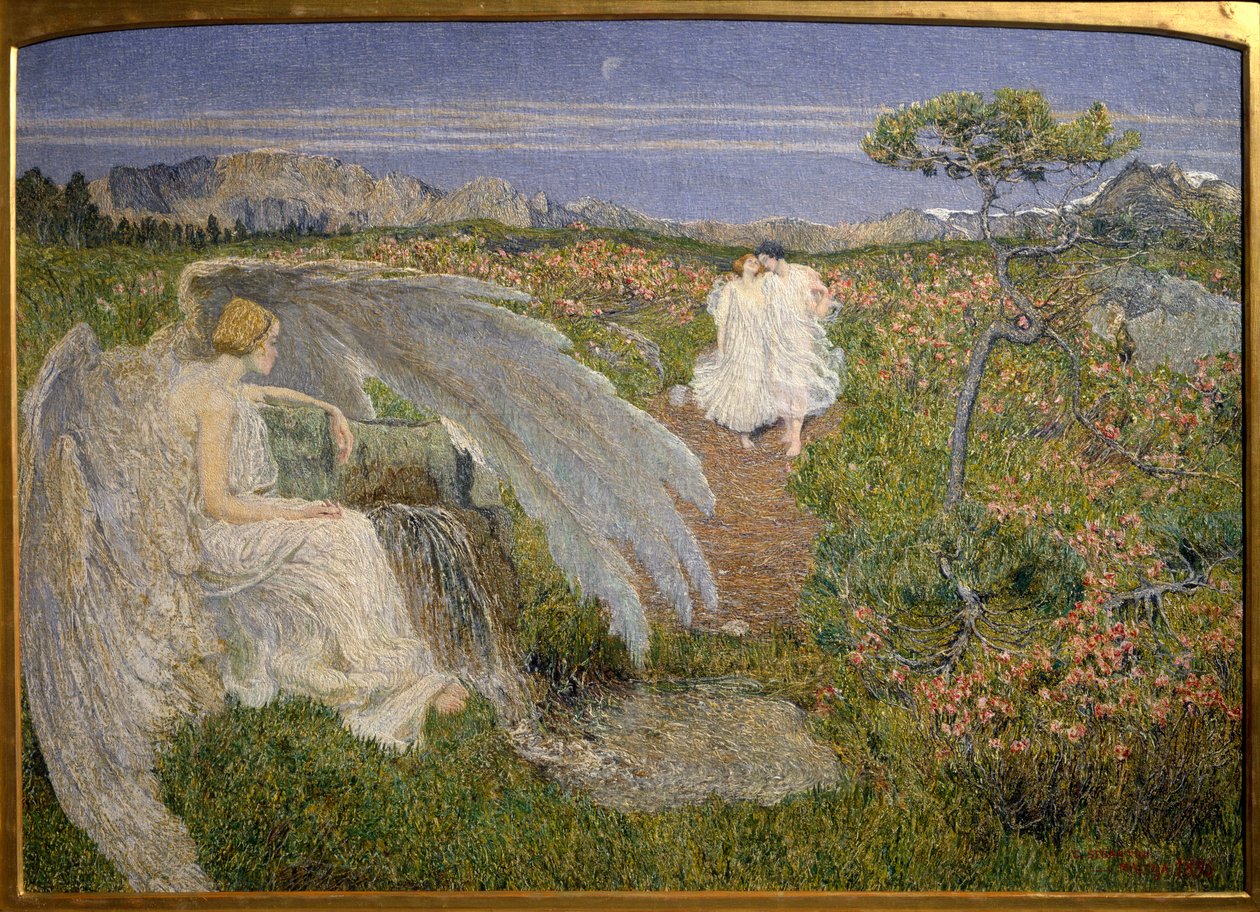 Fuente de la vida: Un ángel observando a una pareja caminar en un paisaje onírico de Giovanni Segantini