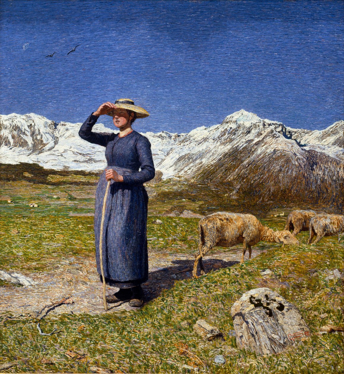 Mediodía en los Alpes. Una pastora protegiendo sus ojos del sol. Pintura de Giovanni Segantini (1891) de Giovanni Segantini