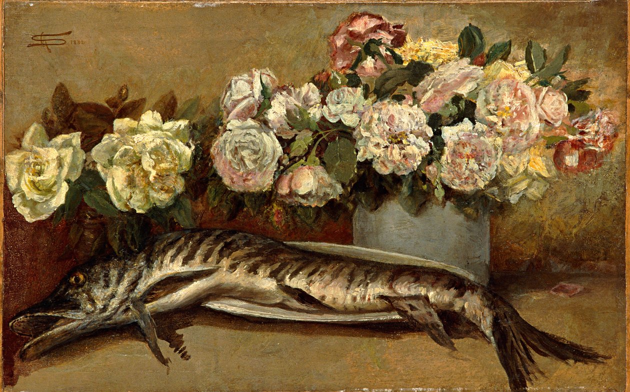 Naturaleza muerta con flores y pescado o Lucio y rosas de Giovanni Segantini