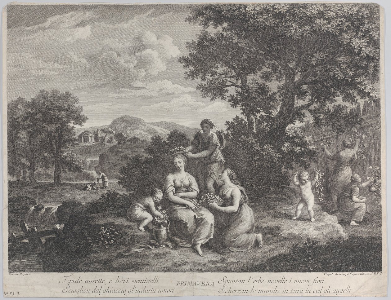 Primavera, un grupo de mujeres recogiendo flores y haciendo coronas con ellas, ca. 1764 de Giovanni Volpato