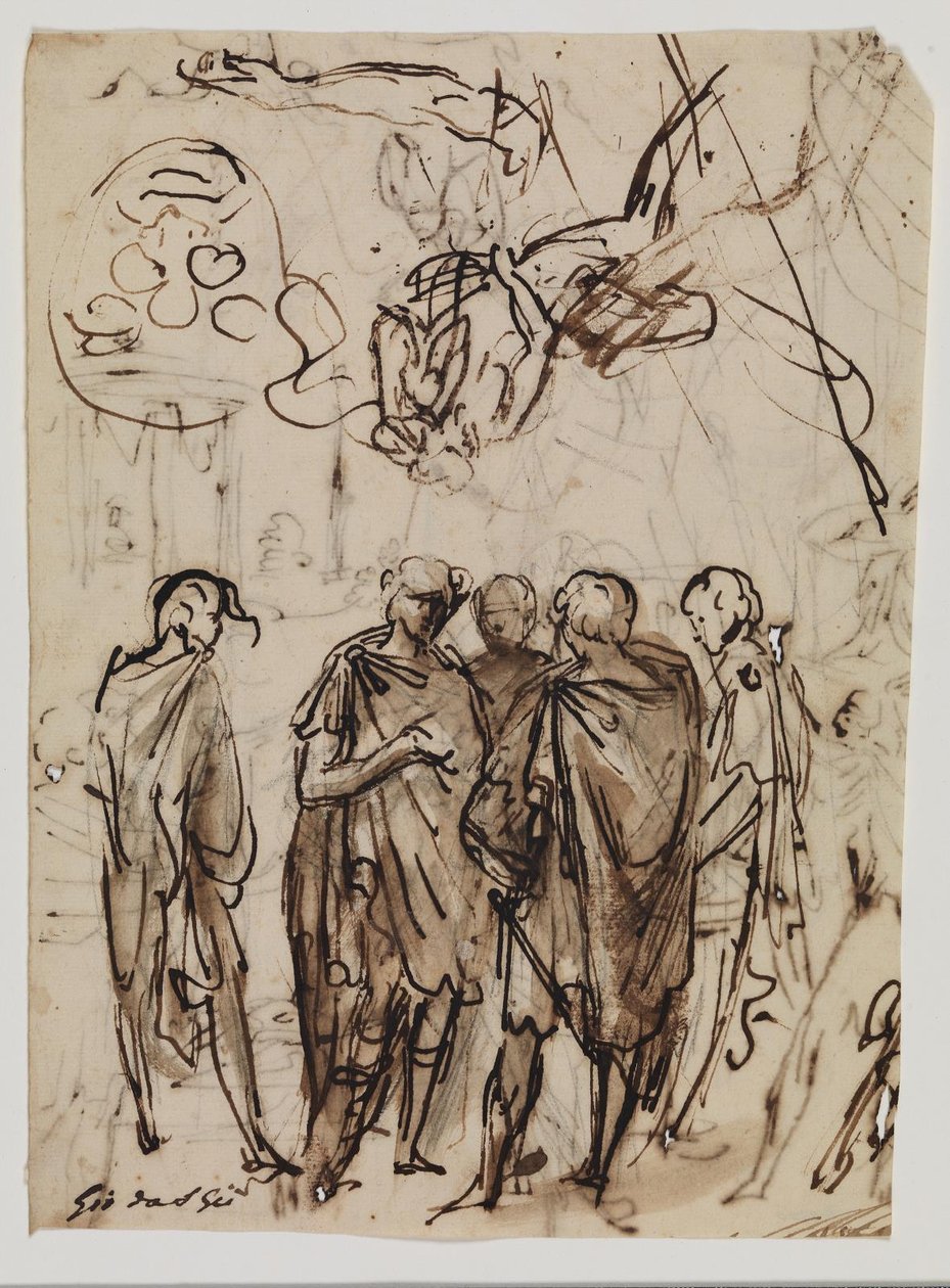 Un grupo de cinco hombres conversando, bocetos para un anciano reclinado, un brazo derecho y posiblemente para un escudo de armas de Giovanni da San Giovanni