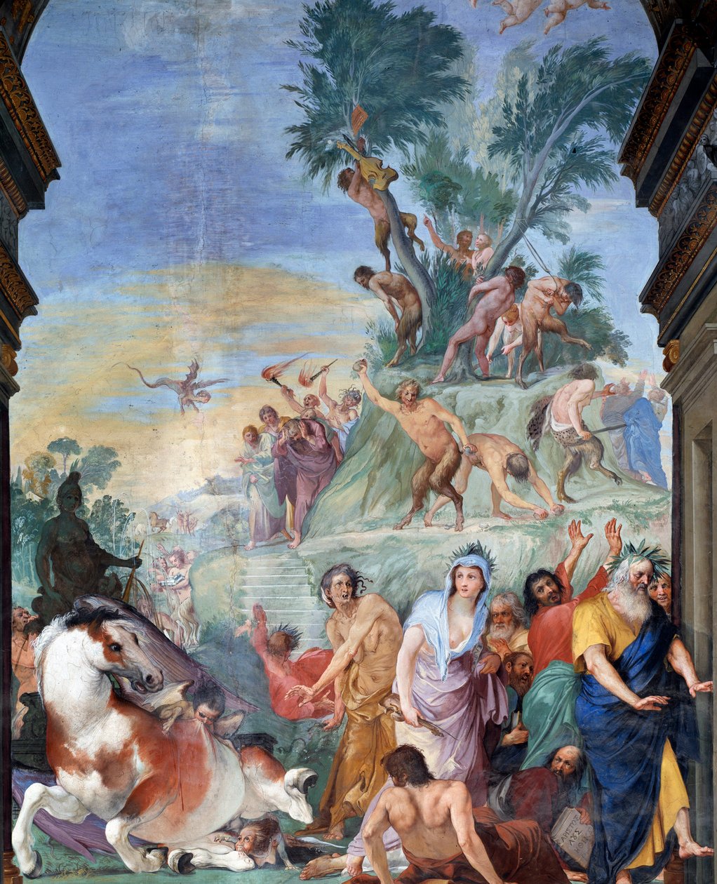 Las musas y los poetas cazados del Parnaso (musas y poetas expulsados del Parnaso) Detalle del fresco de Giovanni da San Giovanni (1592-1636) 1634-1642 Museo degli argenti, Palazzo Pitti, Florencia de Giovanni da San Giovanni