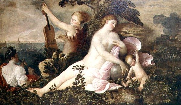 Alegoría de una victoria veneciana, la figura central de la Fortuna o el Azar acompañada de figuras que simbolizan la Naturaleza y la Música, c.1518 de Giovanni de Busi Cariani