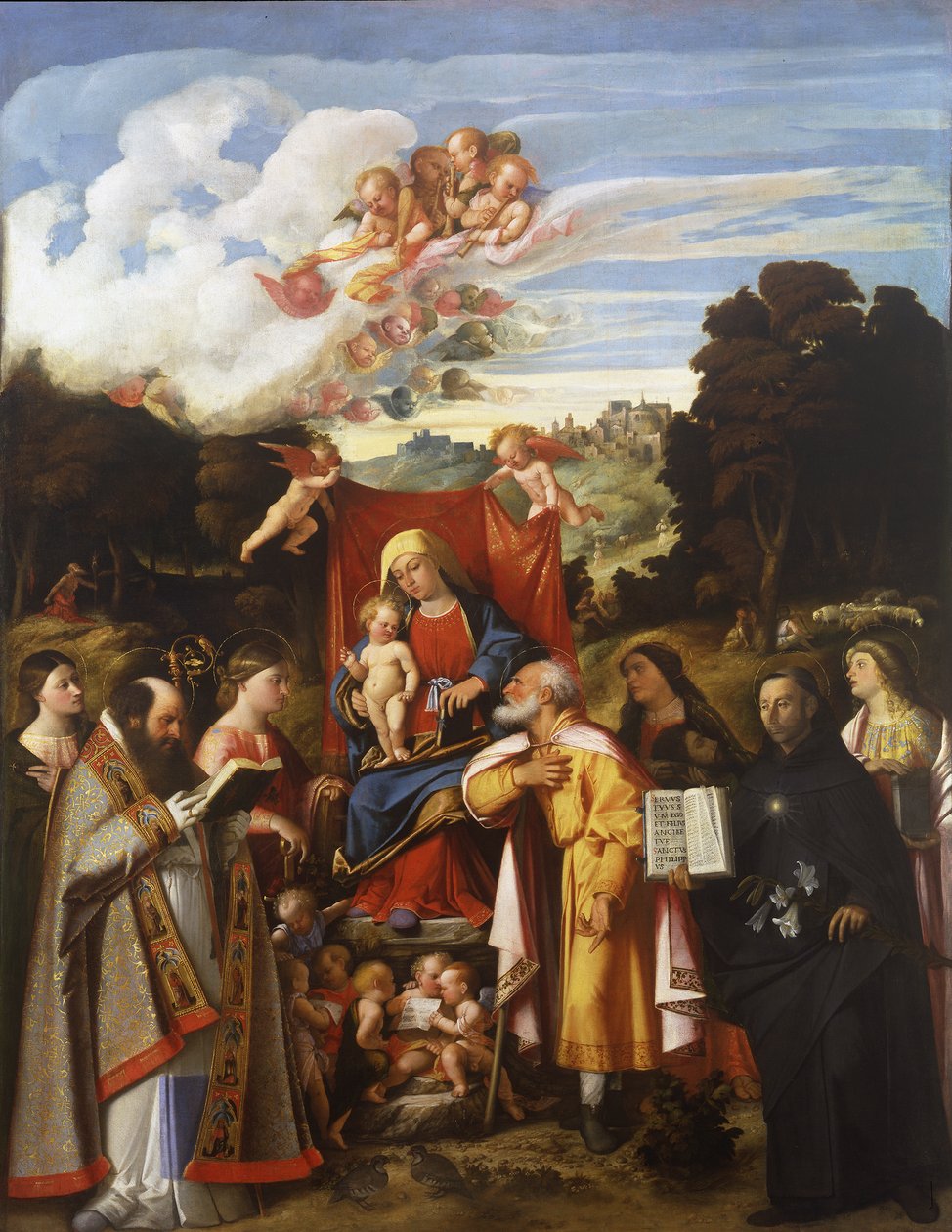 Madonna entronizada con ángeles, Santa Apolonia, San Agustín, Santa Catalina, San José, Santa Grata, San Felipe Benizzi y Santa Bárbara (Retablo de San Gotardo) de Giovanni de Busi Cariani