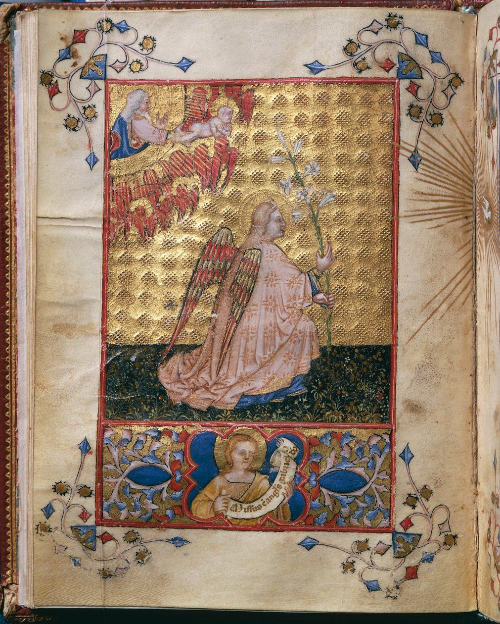 Italia, Anunciación: el Ángel con un lirio, miniatura de Giovanni di Benedetto da Como, del Officium Beatae Mariae Virginis de Alberto de Porcelis de Giovanni di Benedetto da Como