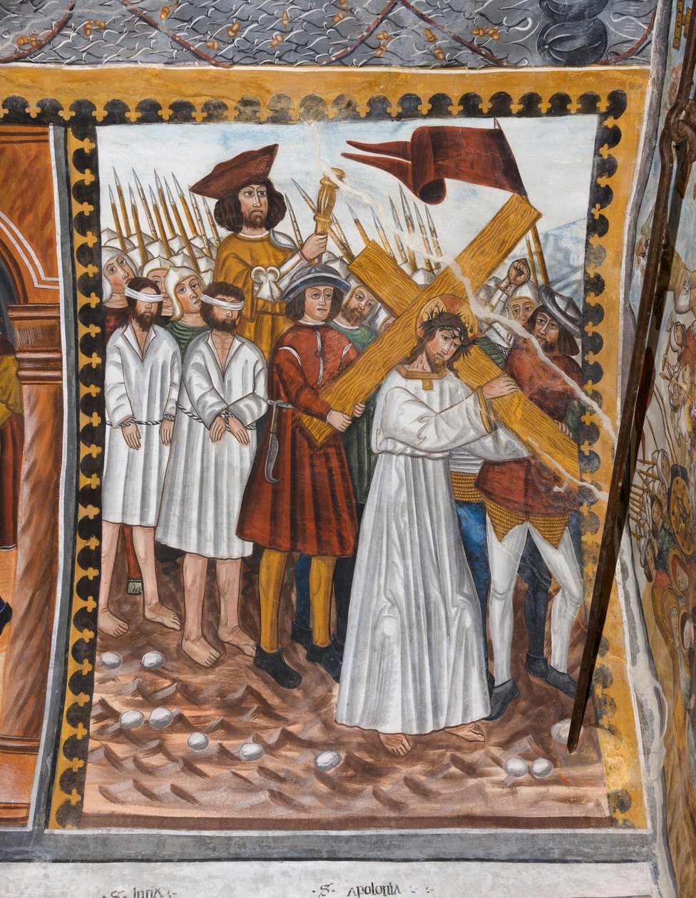 Historias de la Pasión de Cristo: Jesús sube al Calvario cargado con la cruz y ayudado por Cirineo de Giovanni di Cherasco Botoneri