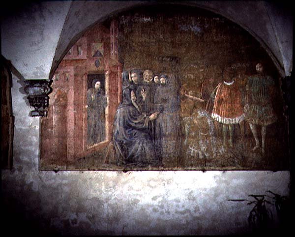 San Benito y el Mensajero del Rey Totila, detalle del ciclo de frescos de la Vida de San Benito del Chiostro degli Aranci (Claustro de los Naranjos) c.1430