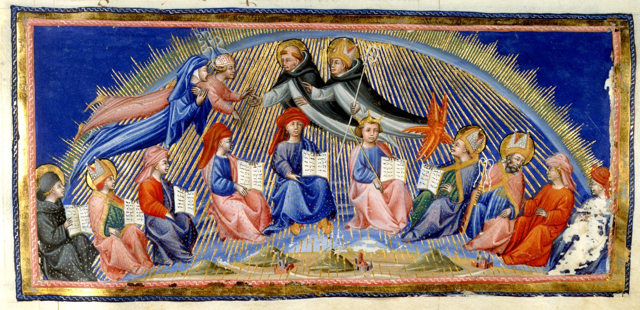Paradiso, Canto X. Beatriz y Dante revolotean junto al Cielo del Sol y se reúnen con aquellos que se distinguen por su sabiduría: Santo Tomás de Aquino y Alberto Magno. A continuación se sientan diez representantes de la sabiduría: Beda, San Ambrosio, Isid de Giovanni di Paolo