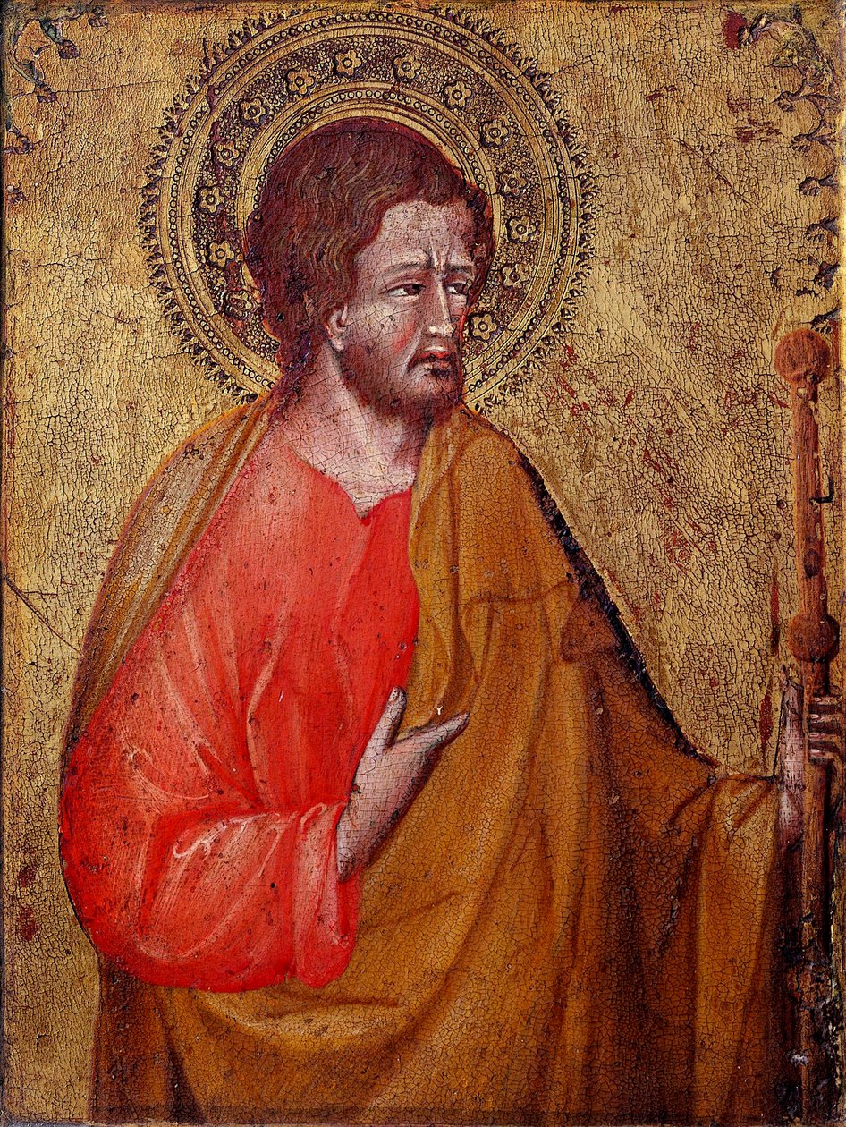 Representación de Santiago el Peregrino Este es Santiago el Mayor o Santiago, hijo de Zebedeo. Pintura de Giovanni di Paolo (1395/1400-1482) de Giovanni di Paolo