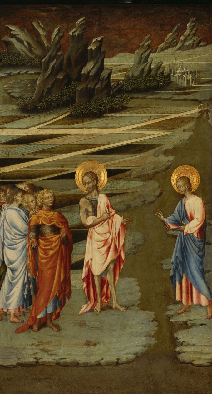 Aquí está el Cordero de Dios (Ecce Agnus Dei) - Pintura de Giovanni di Paolo (c. 1403-1482), témpera sobre madera (68,5x39,5 cm) de Giovanni di Paolo