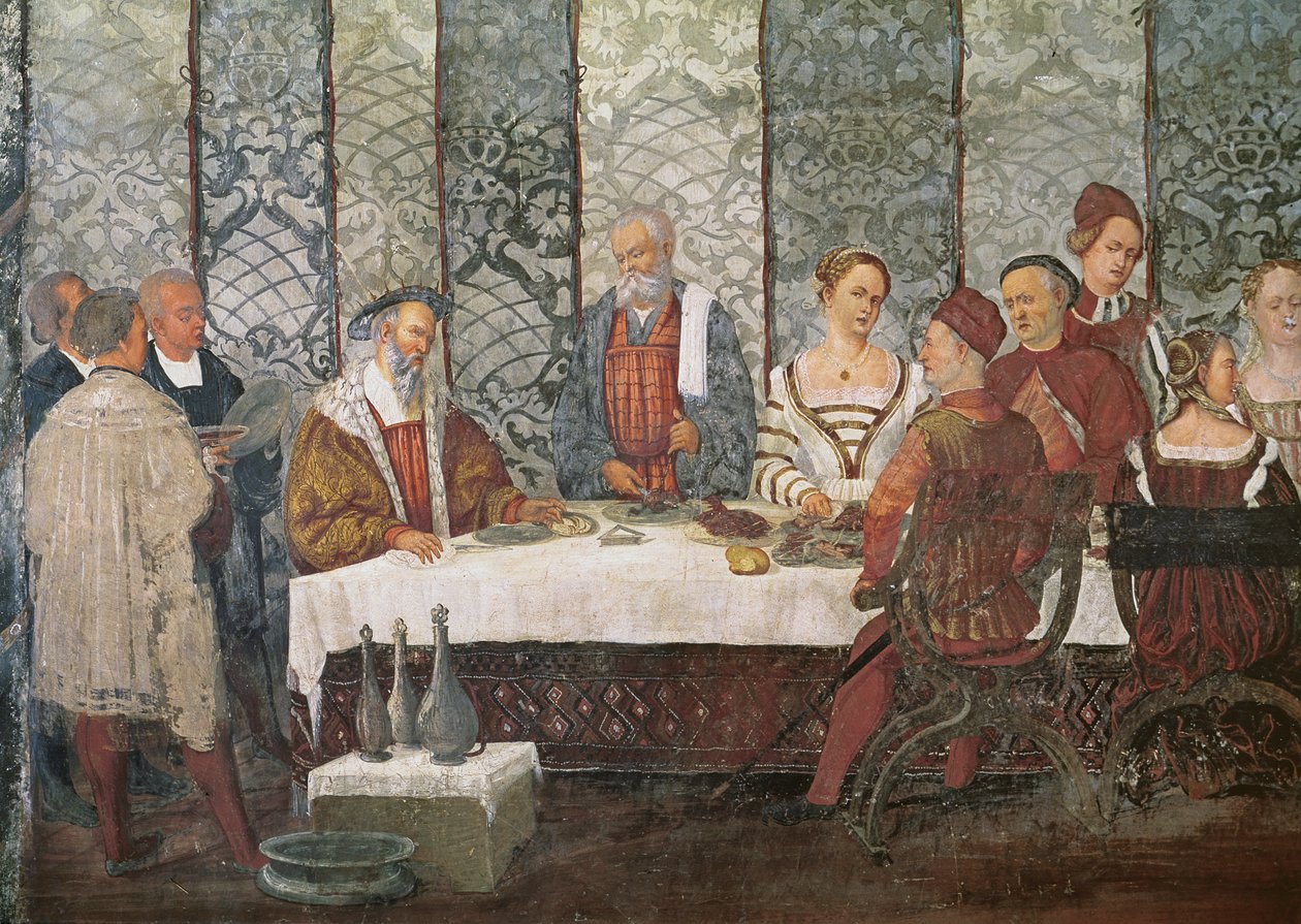 Banquete ofrecido por Bartolomeo Colleoni para el rey Cristián I de Dinamarca, 1520-30 (detalle) de Girolamo Romanino