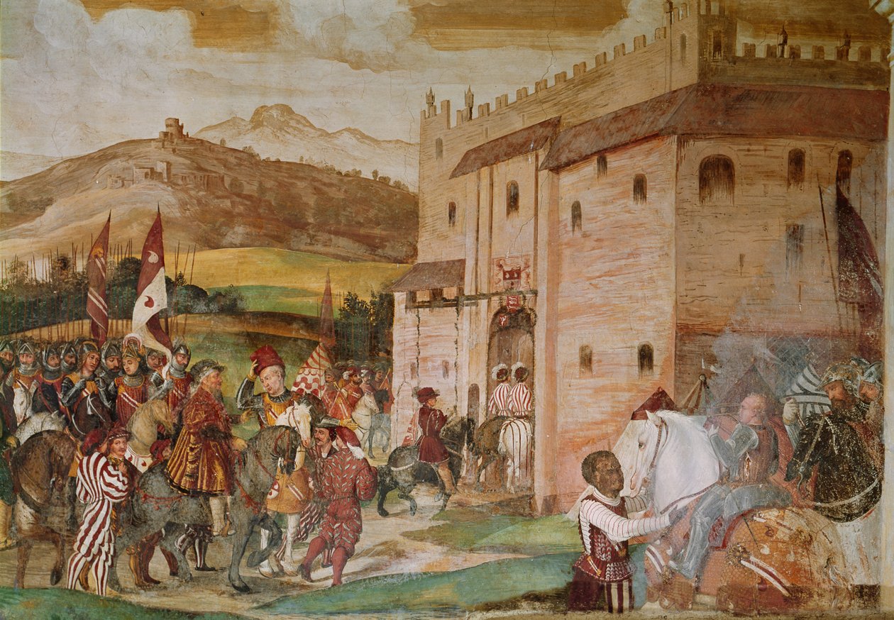 Recepción del Rey Cristián I de Dinamarca por el condotiero Bartolomeo Colleoni en el Castillo de Malpaga en 1474, 1520-30 de Girolamo Romanino