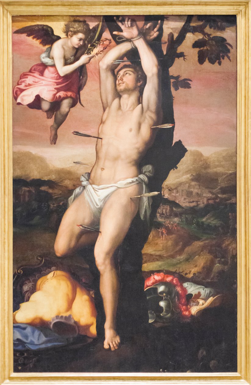 San Sebastián recibe la Corona y la Palma del Martirio de Girolamo (1521 c.1580) Siciolante