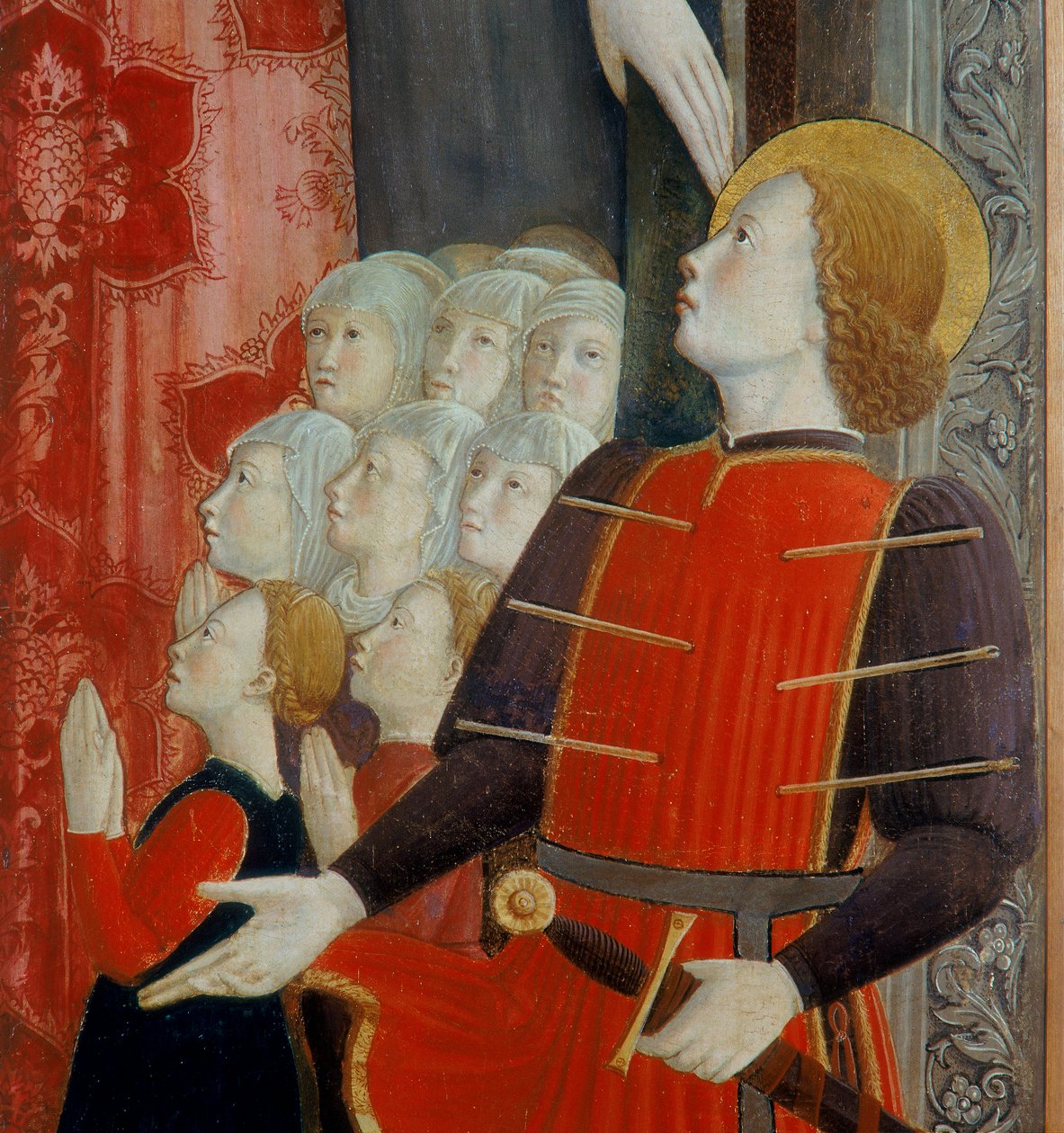 Detalle de San Sebastián, Madonna della Misericordia con San Venancio y San Sebastián, 1463 de Girolamo Giovanni