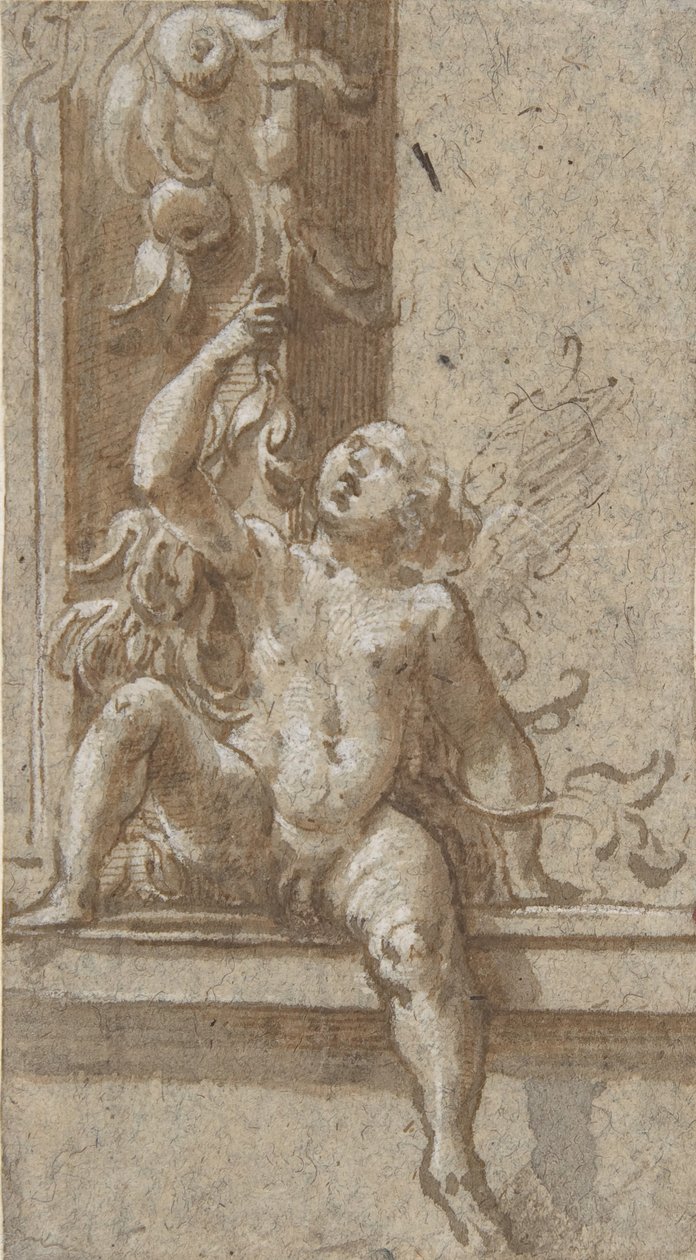 Un putto sentado en un marco de Girolamo Mazzola Bedoli
