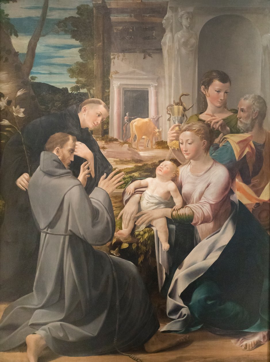 La Sagrada Familia con San Antonio de Padua, San Francisco de Asís y San Juan Evangelista, Girolamo Mazzola Bedoli de Girolamo Mazzola Bedoli
