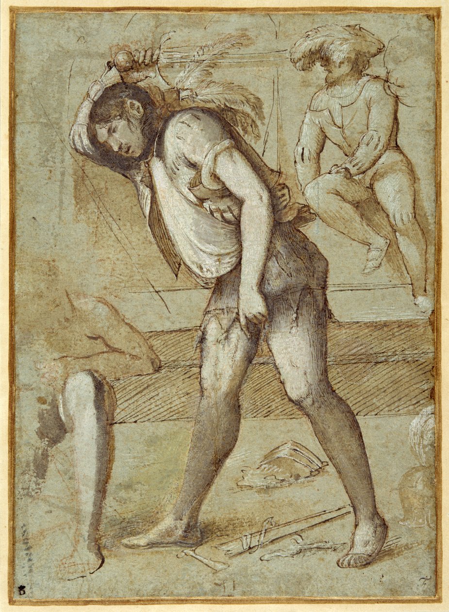 Un verdugo a punto de decapitar a un santo con barba (pluma y tinta marrón con aguada marrón realzada con color de cuerpo blanco sobre tiza roja sobre carta azzurra) de Girolamo Romanino