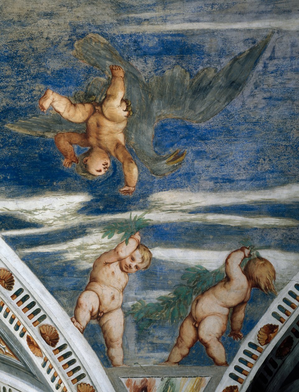 Rapto de Ganimedes y putti, nichos de mosaico y estatuas (detalle) de Girolamo Romanino