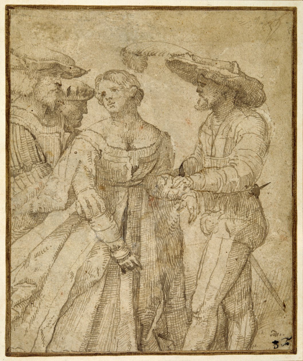 Escena de galantería: cuatro figuras de pie contra un fondo de paisaje de Girolamo Romanino