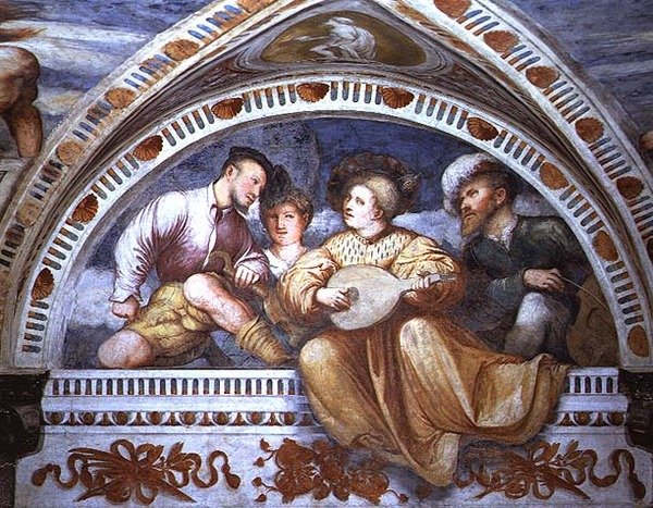 El concierto: instrumentos de cuerda, luneta de Girolamo Romanino