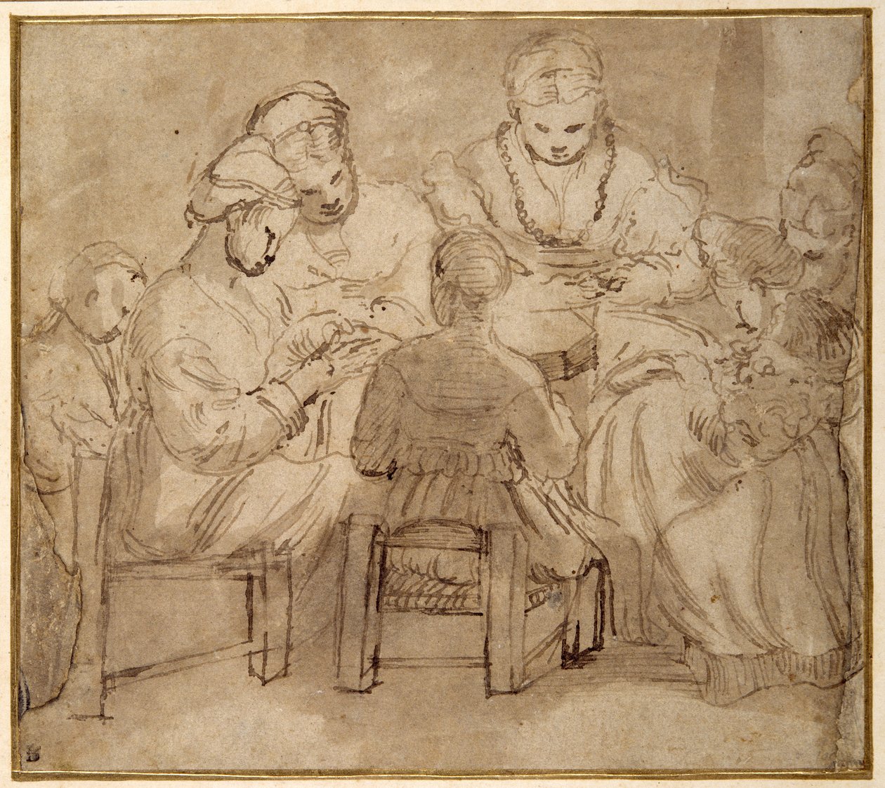 Mujeres y niñas sentadas alrededor de una mesa cosiendo de Girolamo Romanino
